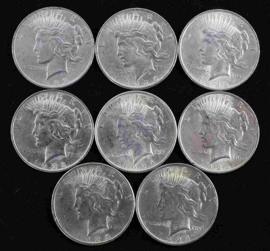 8 PEACE SILVER DOLLAR MS COINS BU 1922 TO 1925