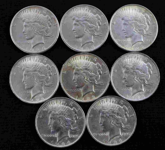 8 PEACE SILVER DOLLAR MS COINS BU 1922 TO 1925