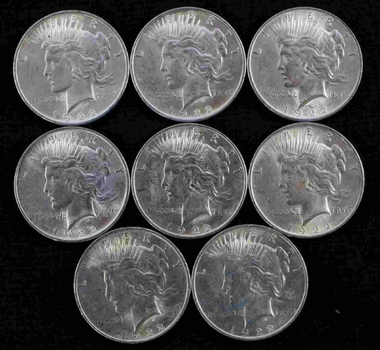 1922 PEACE DOLLAR BU SILVER COIN LOT OF 8