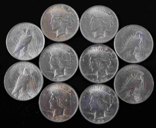 PEACE DOLLAR LOT OF 10 BU SILVER DOLLAR COINS