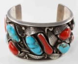 NAVAJO ROGER SKEET CORAL TURQUOISE SILVER CUFF