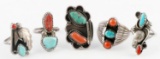 5 AMERICAN SOUTH WESTERN TURQUOISE CORAL RINGS
