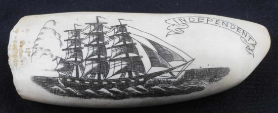 19TH CENTURY SCRIMSHAWED WHALE TOOTH USS INDEPENDE