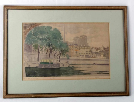 HAND COLORED ETCHING OF THE ILE OF ST LOUIS PARIS