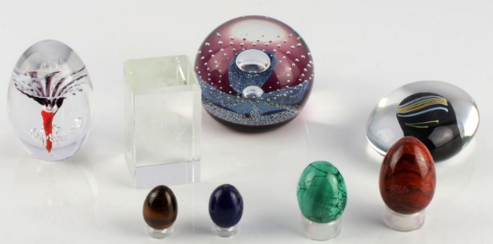3 SIGNED ART GLASS PAPER WEIGHTS & 4 STONE EGGS