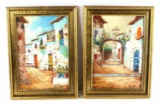 SIGNED SPANISH STREET SCENE OIL PAINTING PAIR