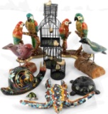 BIRD SNAIL TURTLE FIGURINES AND 2 PARROT JEWEL BOX