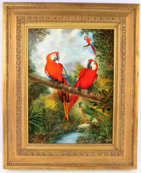 GIM GALGOCZY OIL PAINTING OF PARROTS IN THE JUNGLE