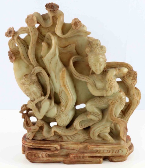 ASIAN JADE LIKE CARVED STATUE OF 2 FEMALE FIGURES
