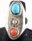 NAVAJO TURQUOISE AND CORAL STERLING SILVER RING