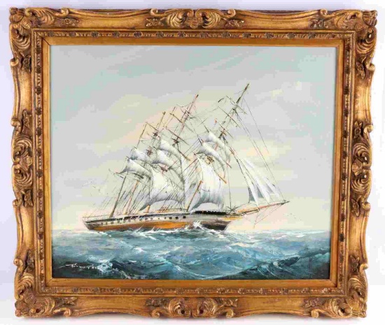 20TH CENTURY NAUTICAL OIL PAINTING OF FRIGATE SHIP