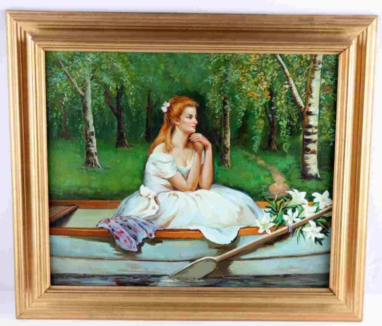 J. RANKIN OIL PAINTING OF WOMAN IN A ROW BOAT