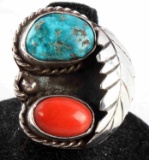 NAVAJO SIGNED TURQUOISE AND CORAL SILVER RING