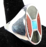 ZUNI INLAY MULTI STONE TURQUOISE CORAL SILVER RING