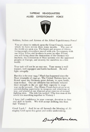 WWII UNITED STATES D DAY AEF EISENHOWER LETTER