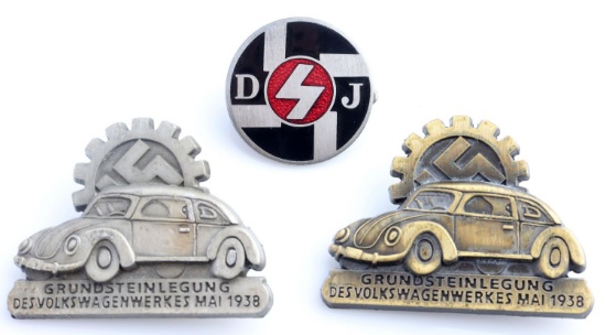 3 WWII GERMAN DJ & 1939 VOLKSWAGEN WERKS BADGES