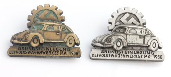 2 WWII GERMAN 1938 VW GROUND BREAKING PLANT BADGE
