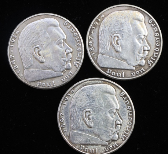 3 WWII GERMAN CHANCELLOR 5 REICHS MARK COIN LOT