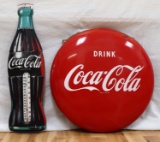 VINTAGE COCA COLA BUTTON & THERMOMETER ADVERTISING