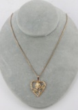 14K YELLOW GOLD ANTIQUE FLORAL HEART NECKLACE