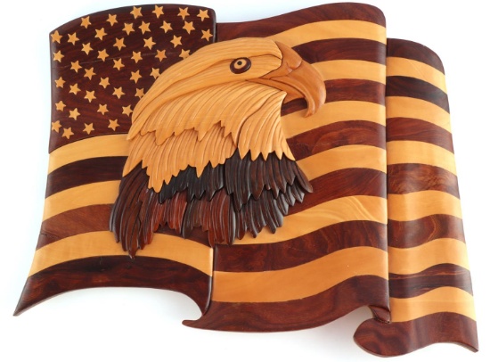 AMERICAN EAGLE 4 DIFFERENT WOOD & FLAG SCULPTURE