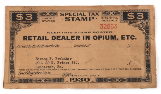 RETAIL OPIUM DEALER 1930 $3 IRS SPECIAL TAX STAMP