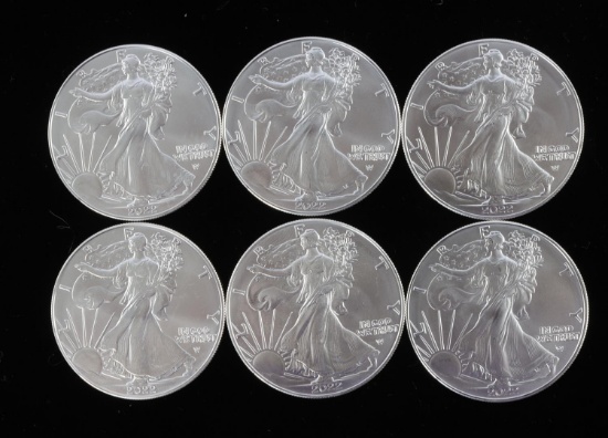 SIX 1 OZ AMERICAN EAGLE SILVER COINS BU 2022