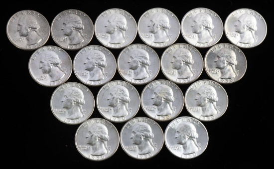 $4.50 FACE OF 1950 WASHINGTON SILVER QUARTERS UNC