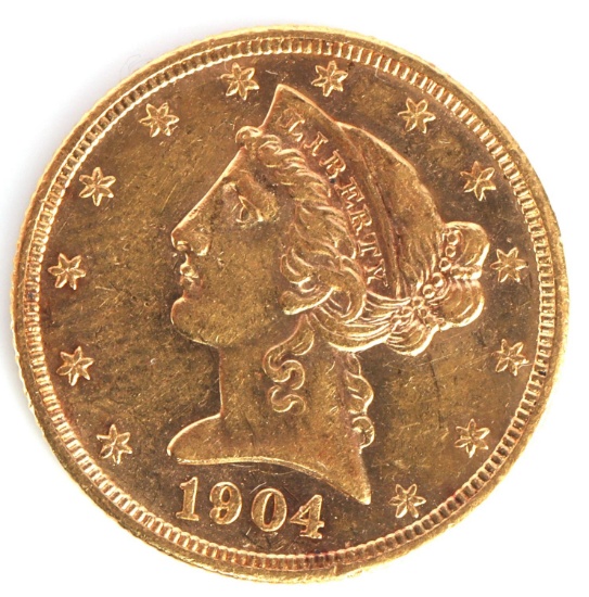 1904 $5 LIBERTY HEAD AMERICAN HALF EAGLE GOLD COIN