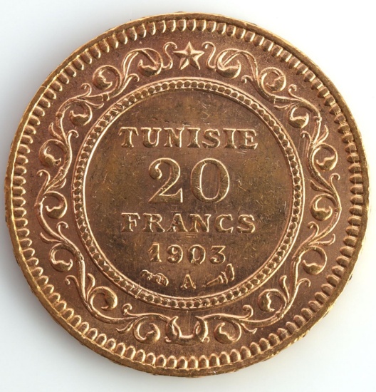 1903 A TUNISIA 20 FRANCS GOLD COIN