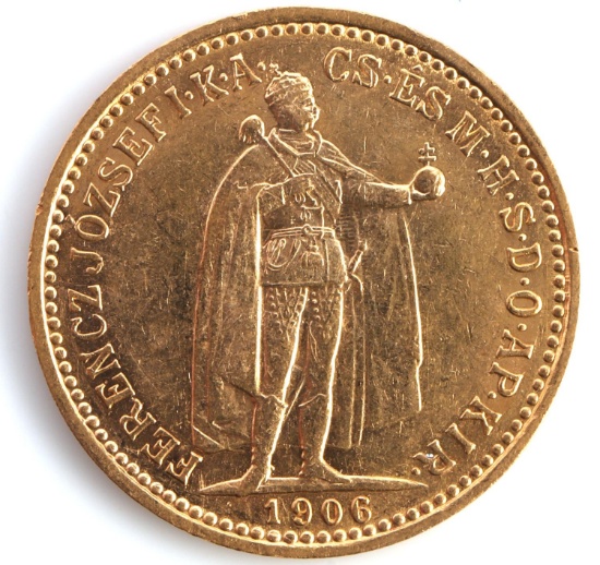 1906 HUNGARY 10 KORONA GOLD COIN