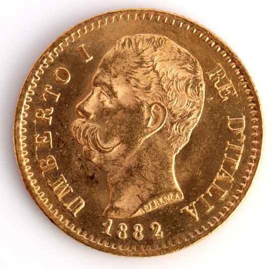 1882 ITALY 20 LIRE GOLD COIN UMBERTO I ROME AU