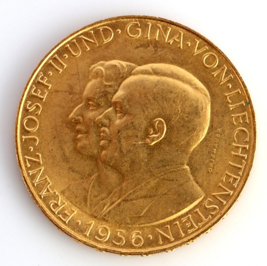 1956 LEICHTENSTEIN 25 FRANKEN SWISS GOLD COIN