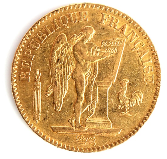 1848 FRANCE GOLD 20 FRANC LUCKY ANGEL COIN