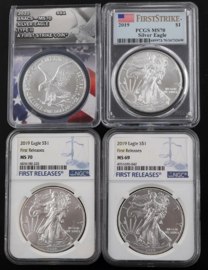 4 AMERICAN EAGLE SILVER DOLLAR COINS GRADED MS