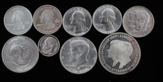 9 US SILVER COINS & SILVER MEDALS BICENTENNIAL JFK