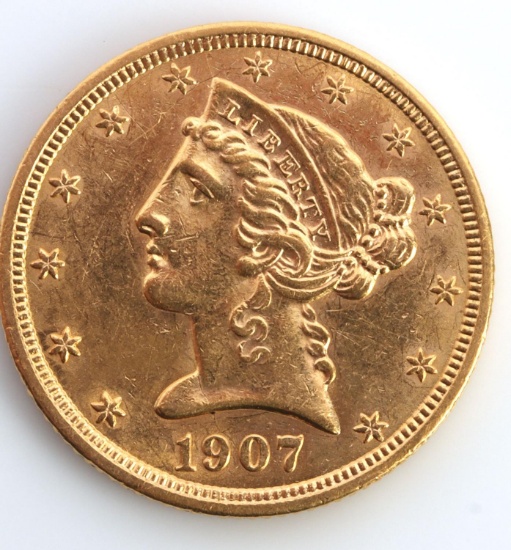 1907 $5 LIBERTY HEAD GOLD COIN AU