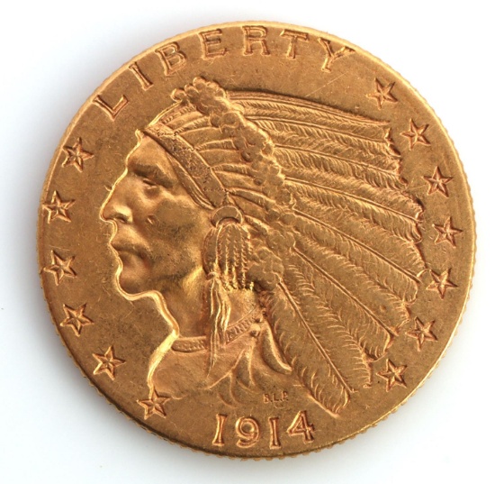 1914 $2.50 INDIAN HEAD GOLD COIN EF