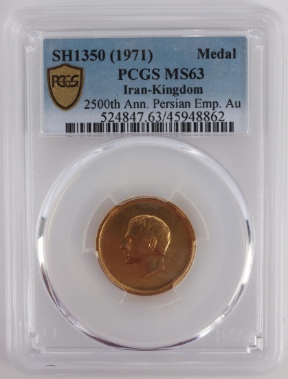 1971 IRAN 2500TH ANN GOLD MEDAL COIN PCGS MS63