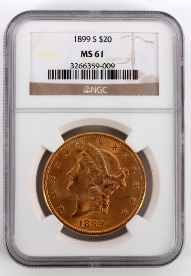 1899 S $20 LIBERTY HEAD W MOTTO GOLD COIN NCG MS61