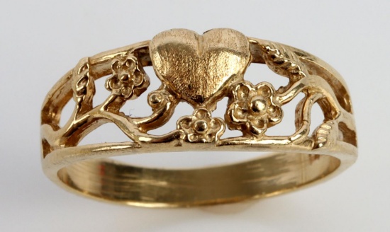 14K YELLOW GOLD FLORAL HEART RING ANTIQUE SZ 8.25