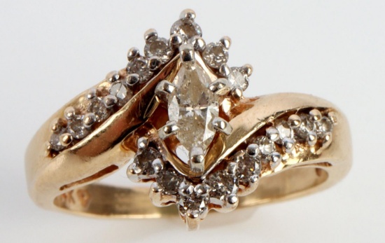 14K YELLOW GOLD MARQUIS DIAMAND CLUSTER RING