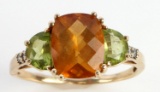 14K YELLOW GOLD CITRINE & PERIDOT DIAMOND RING