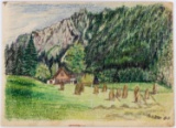 ADOLF HITLER OIL PASTEL MOUNTAIN CHALET DRAWING