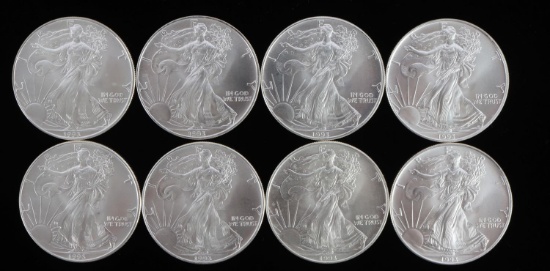 8 AMERICAN EAGLE 1 OZ SILVER COINS 1993