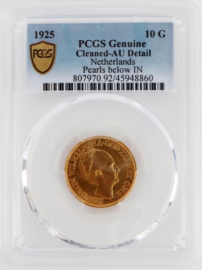 1925 NETHERLANDS 10 GULDEN GOLD COIN PCGS AU