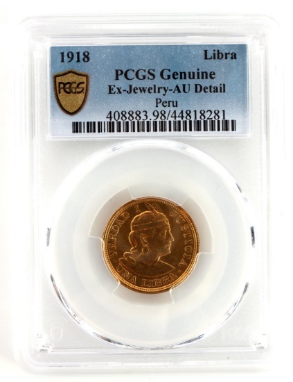 1918 PERU LIBRA GOLD COIN PCGS AU