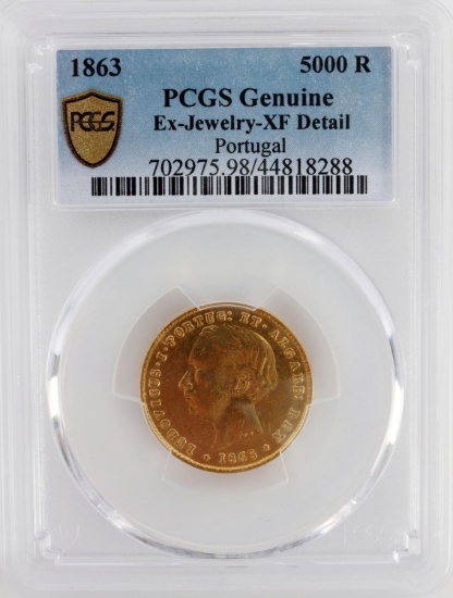 1863 PORTUGAL 5000 REIS GOLD COIN PCGS XF