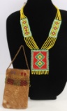 NATIVE AMERICAN LEATHER BAG AND BEAD NECKLACE