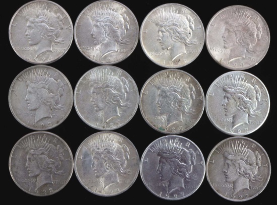 12 PEACE DOLLAR SILVER COINS VF TO MS